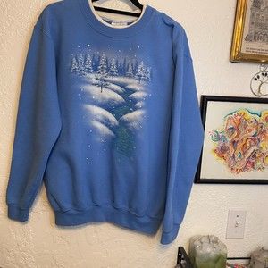 🌻VTG Morning Sun {L} Light Blue Bedazzled/Rhinestone Winter Wonderland Pullover